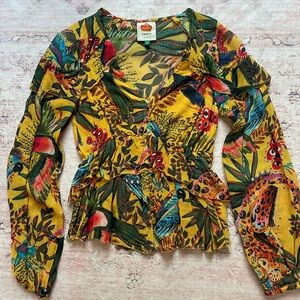 Farm Rio long sleeved ruffle v neck, button down top, vacation, tropical